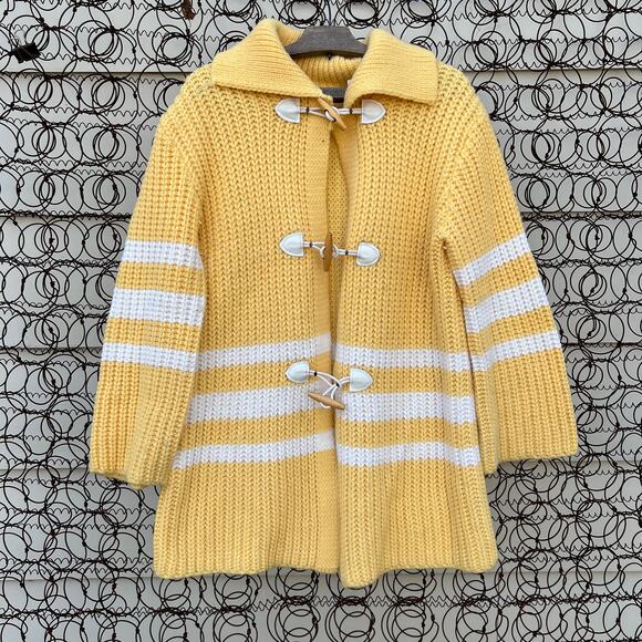 Vintage Yellow White Striped Knit Fisherman Cardigan with Frog Toggles - Picture 1 of 5